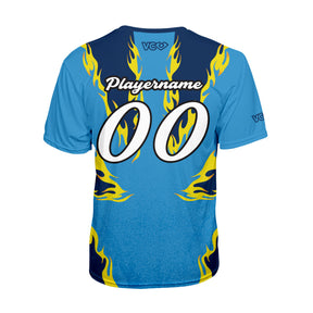 Blue sports jersey with yellow flames and customizable text on a white background