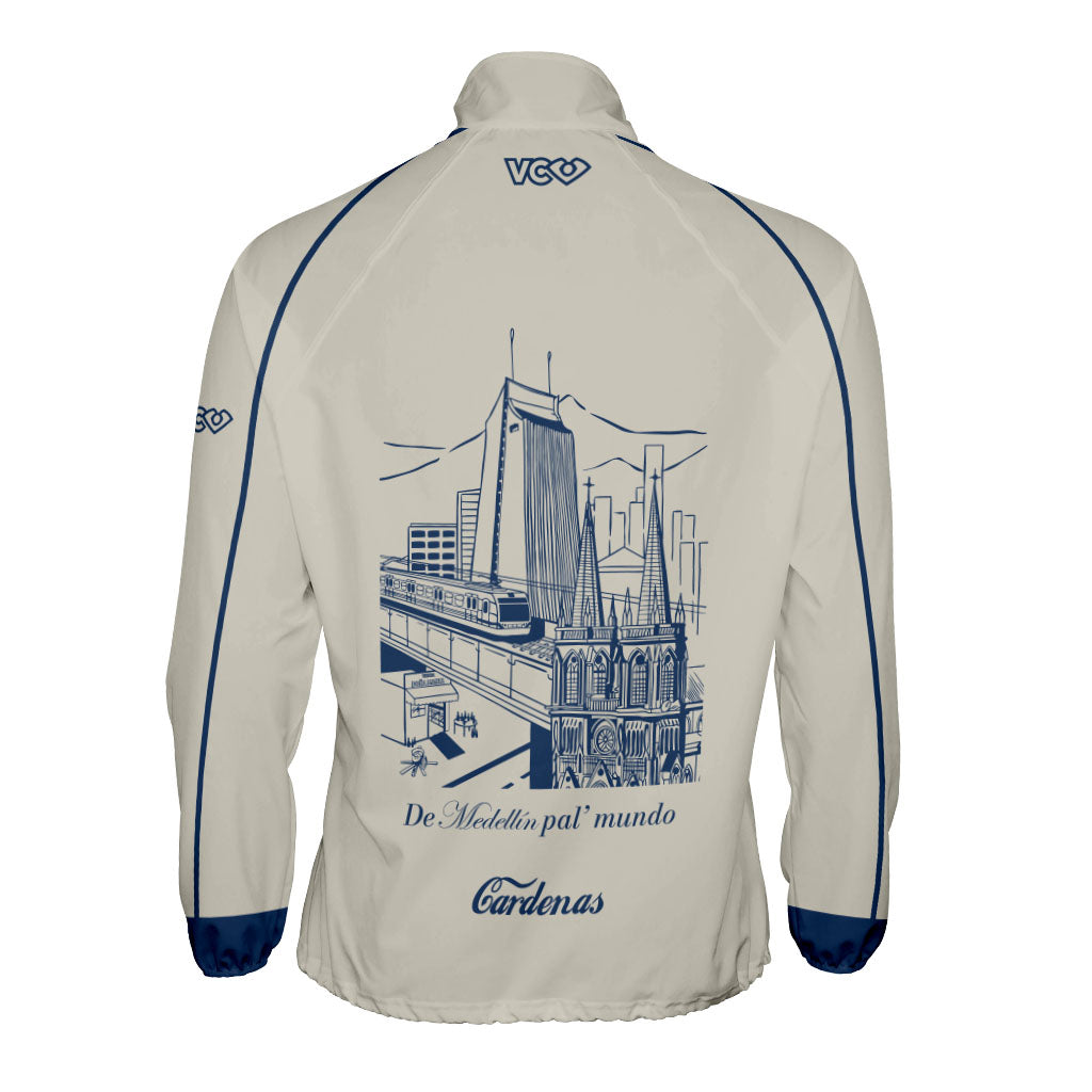 VC Ultimate Velocity Jacket With High Collar, Full Zip, and Side Pockets with blue illustration of Medellin on back.