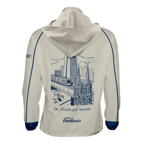 VC Ultimate Velocity Jacket With High Collar and Hood, Full Zip, and Side Pockets with blue illustration of Medellin on back.