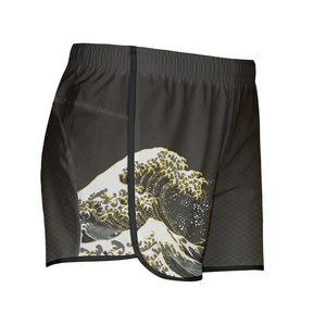 Black shorts with scale pattern featuring Hokusai's Great Wave on the right leg