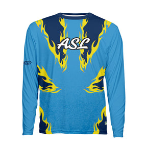 Blue long-sleeve sports jersey with yellow flames and 'ASL' text on a white background