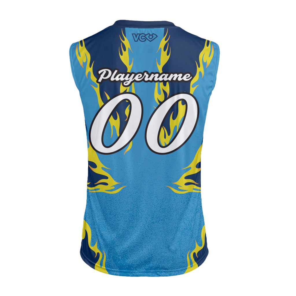 Blue sleeveless sports jersey with yellow flames and customizable text on a white background