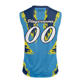 Blue sleeveless sports jersey with yellow flames and customizable text on a white background