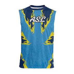 Blue sleeveless sports jersey with yellow flames and 'ASL' logo on a white background