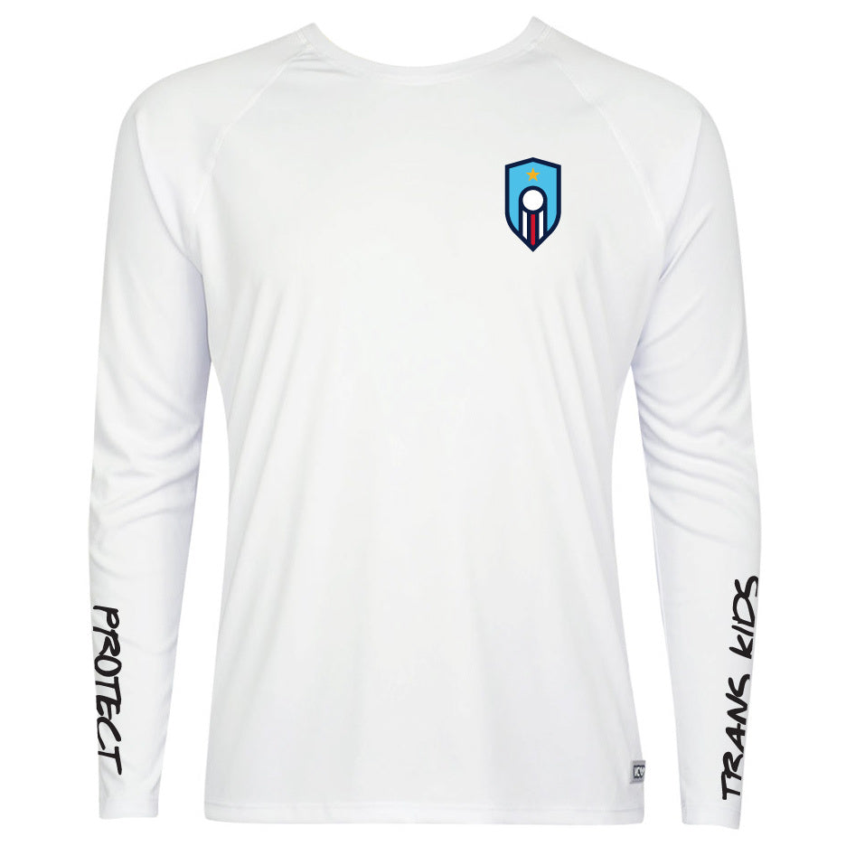 A white long sleeve raglan shirt with the Premier Ultimate League logo in the upper left corner. The arms of the shirt says PROTECT TRANS KIDS in a black, handwritten font. 